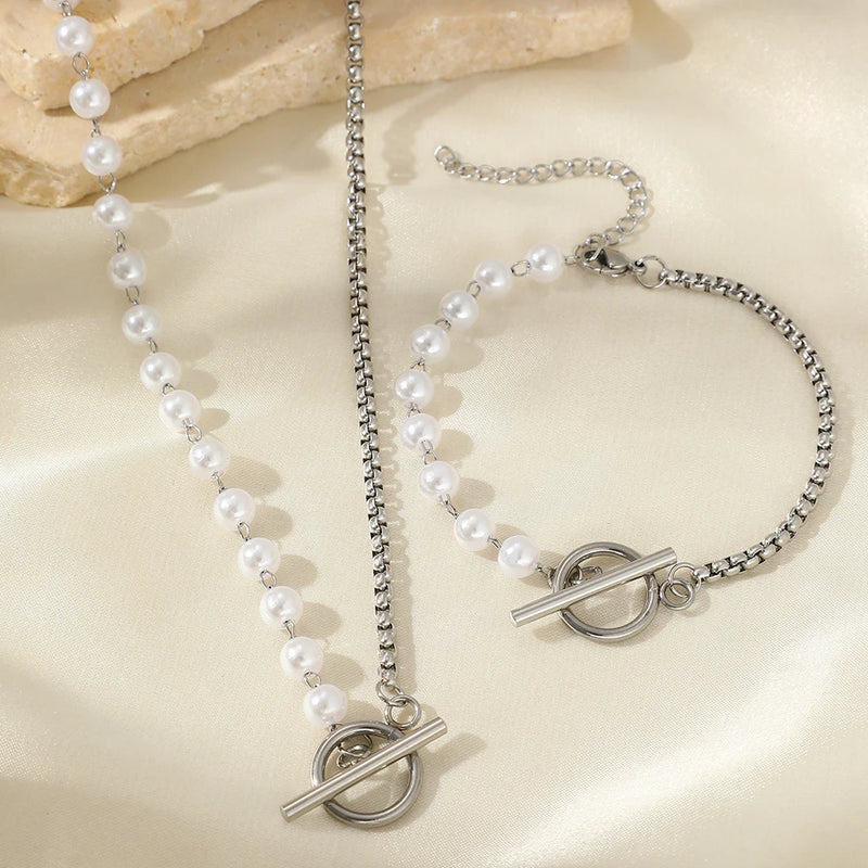 Stainless Steel Jewelry Set Fashion Elegant Design Splicing Pearl Chain Light Luxury OT Pendant Jewelry Set For Women Jewelry